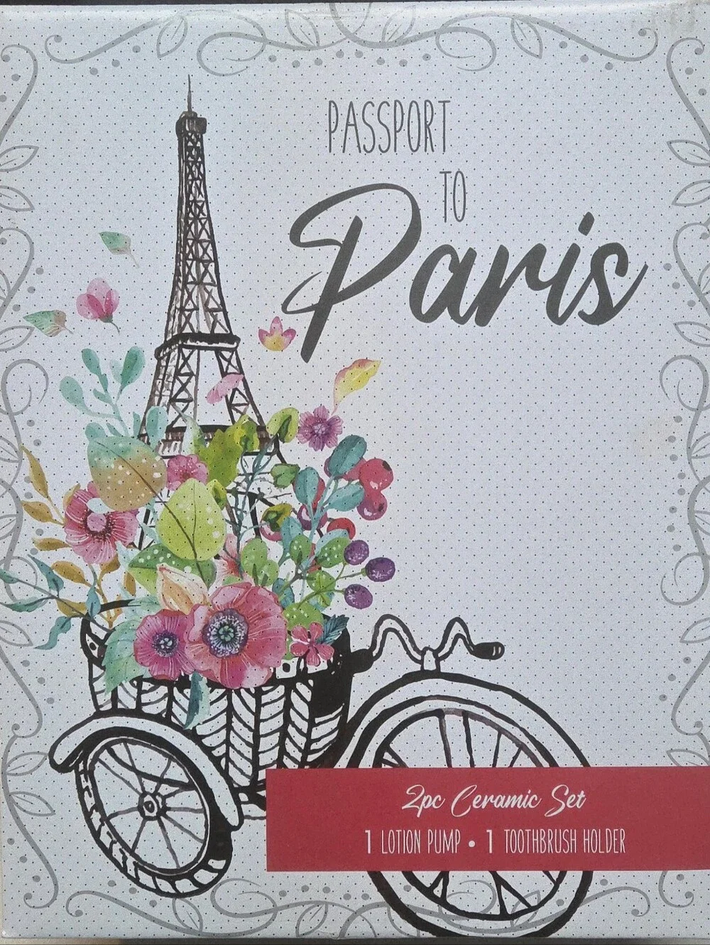 New 2pc Ceramic Paris Set Lotion/Soap Pump & Toothbrush Holder